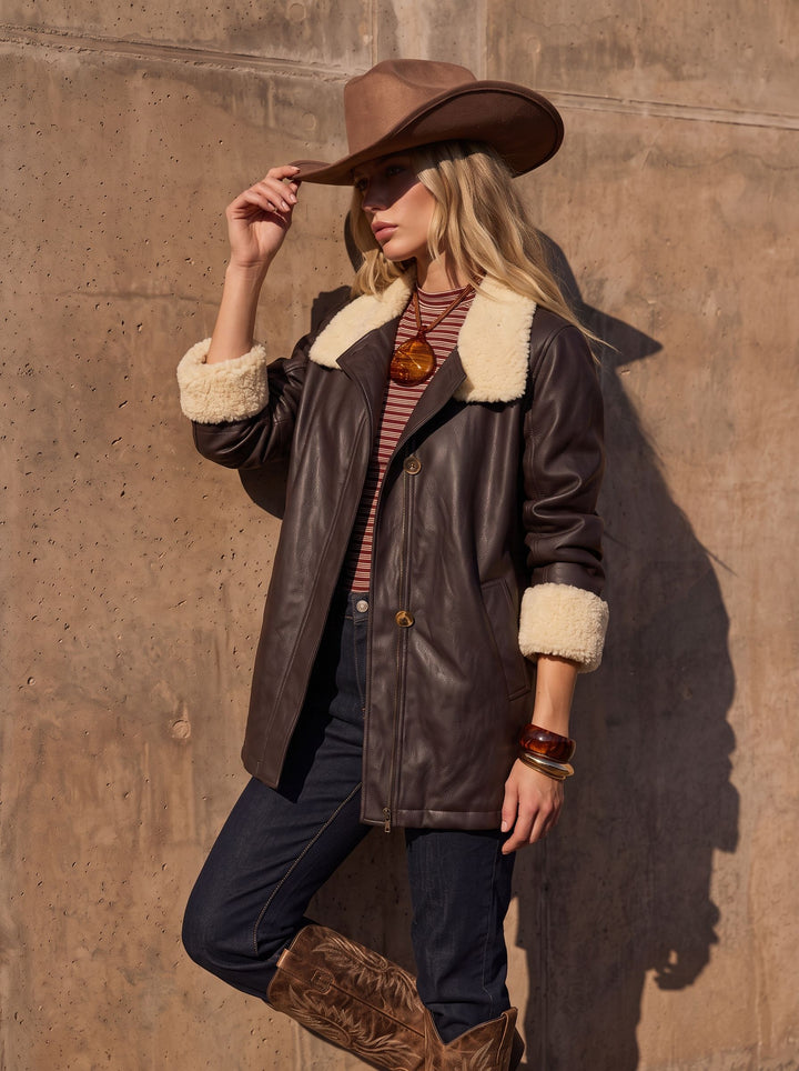 Oversized Faux Shearling Trim Leather Jacket
