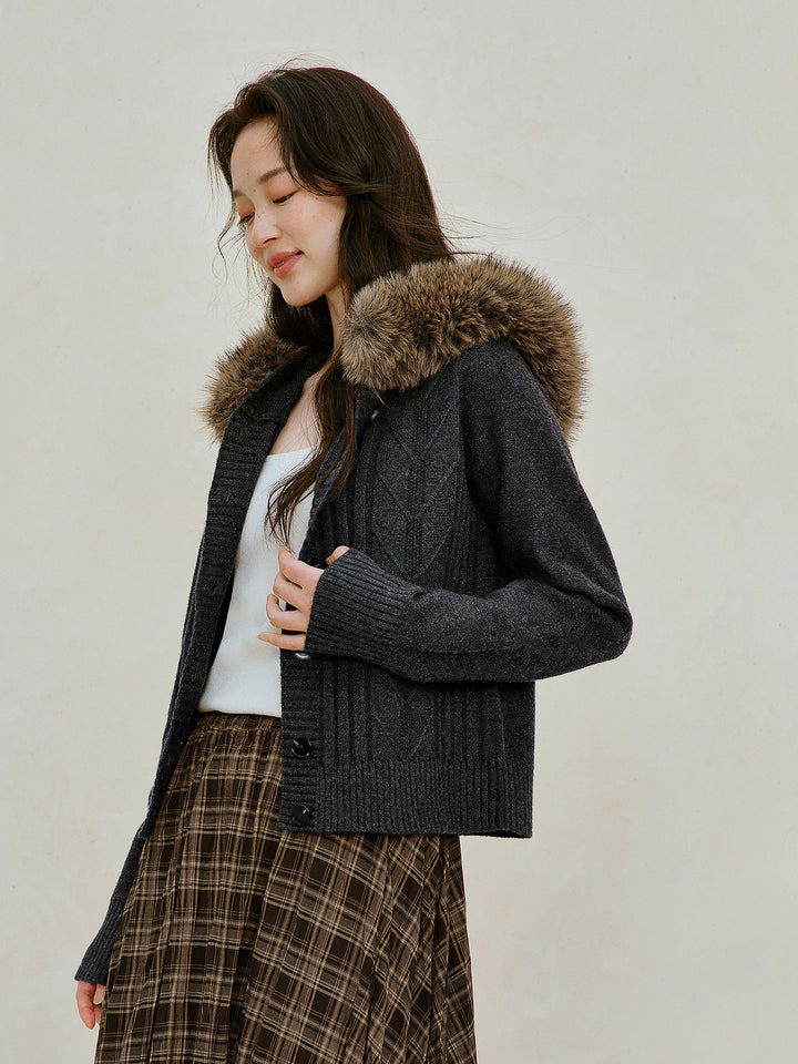 Detachable Faux Fur Trim Wool Cardigan