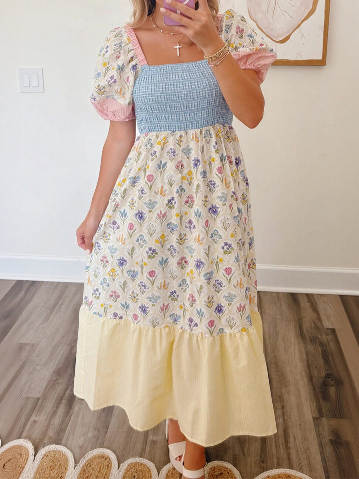 Smocked Puff Sleeve Floral Midi Dress