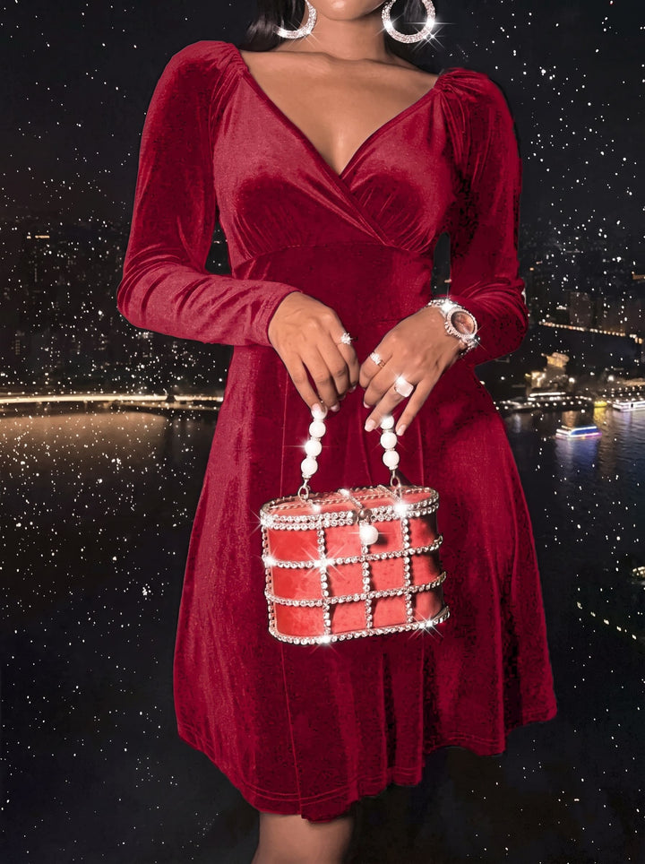 Velvet V Neck Long Sleeve Dress