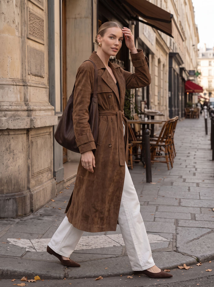 Brown Suede Belted Trench Coat