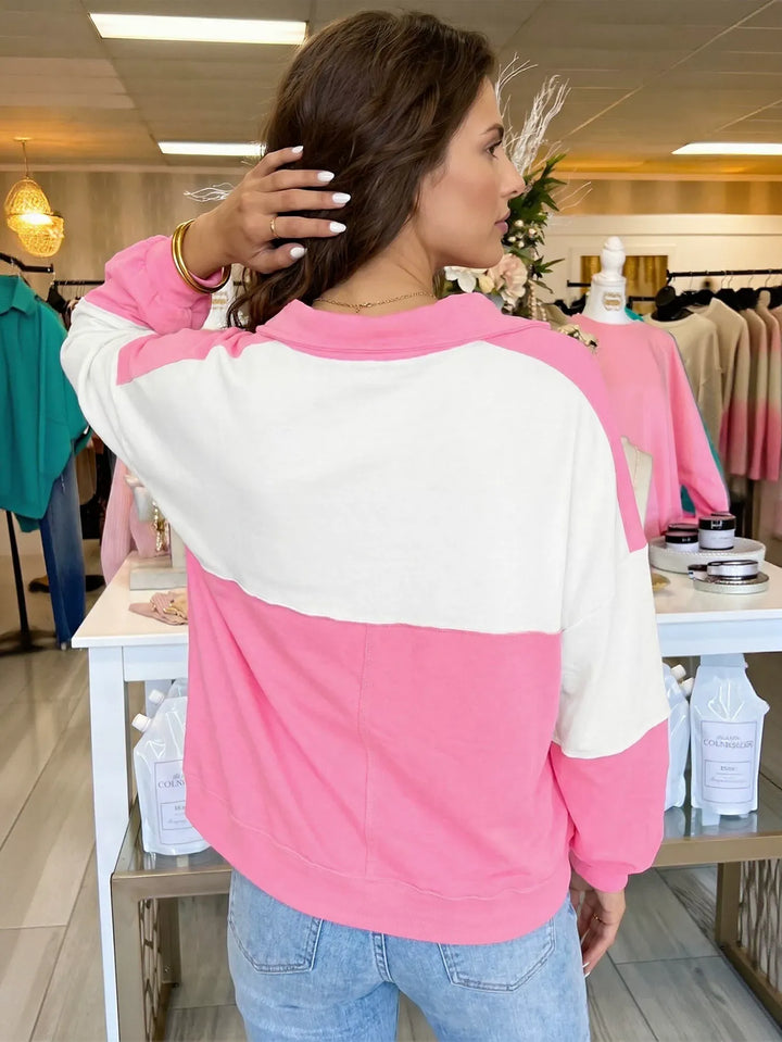 Scalloped Colorblock V Neck Pullover Sweatshirt