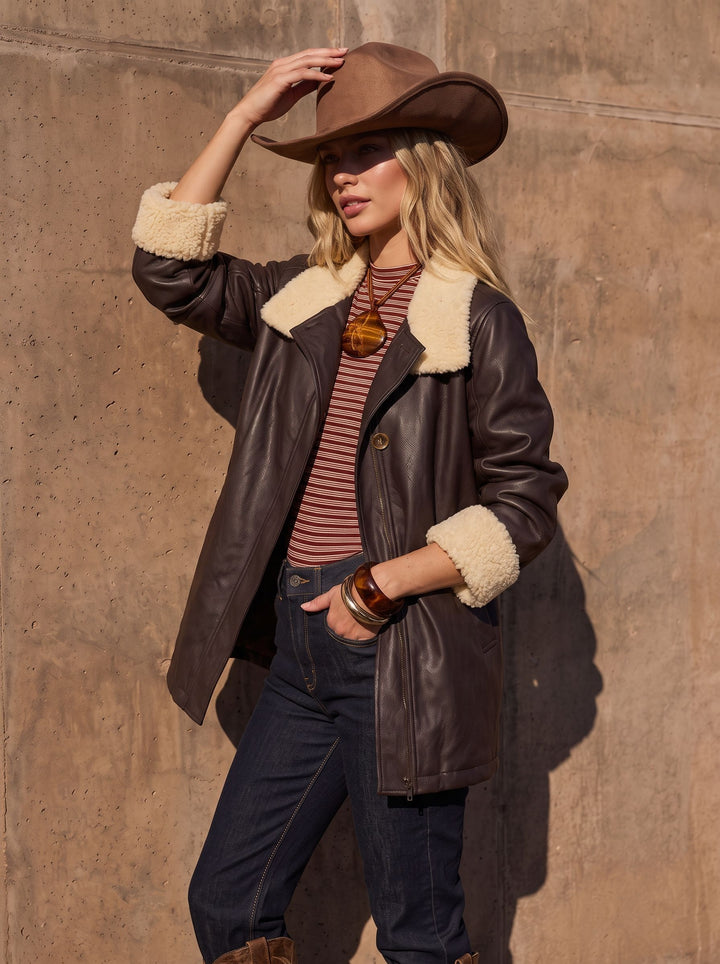 Oversized Faux Shearling Trim Leather Jacket