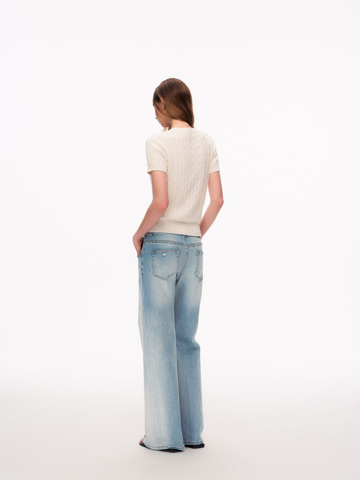 Studded Distressed High Waisted Wide Leg Jeans
