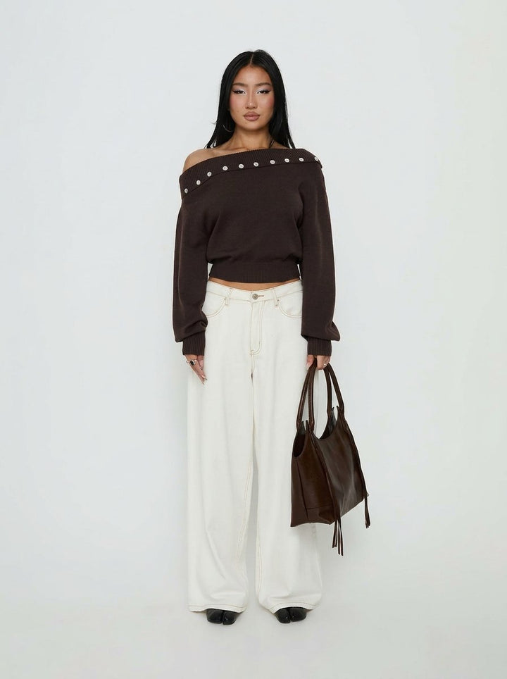 Button Trim Off Shoulder Sweater