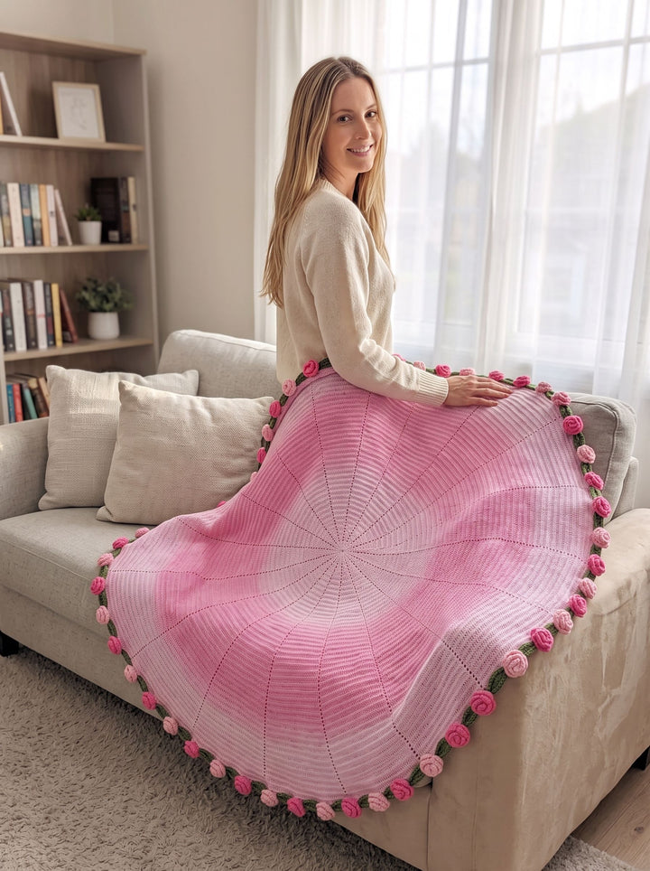 Cozy Floral Hand Knitted Blanket