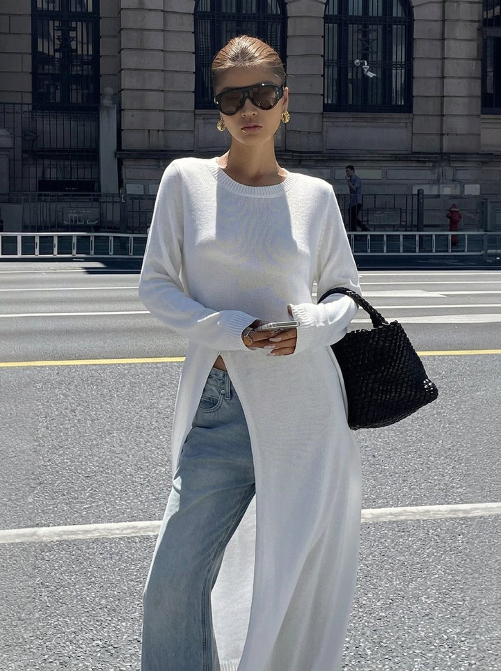 Ribbed Slit Hem Knit Sweater Dress
