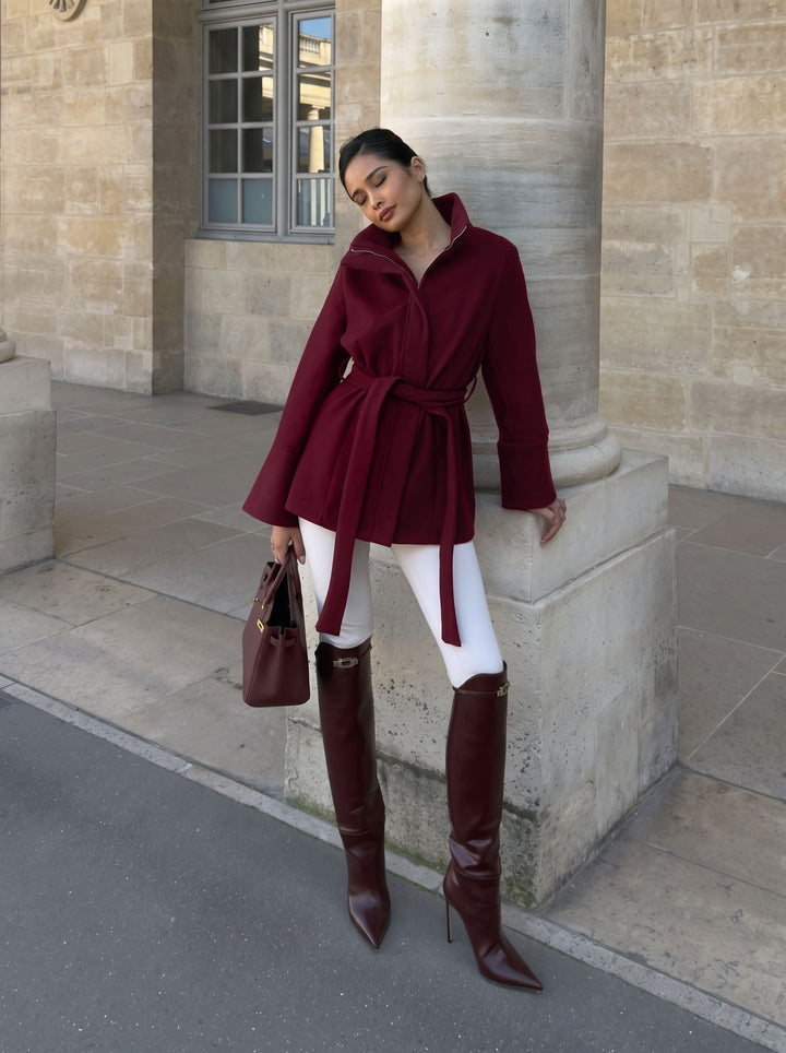 Stand Collar Belted Wool Coat