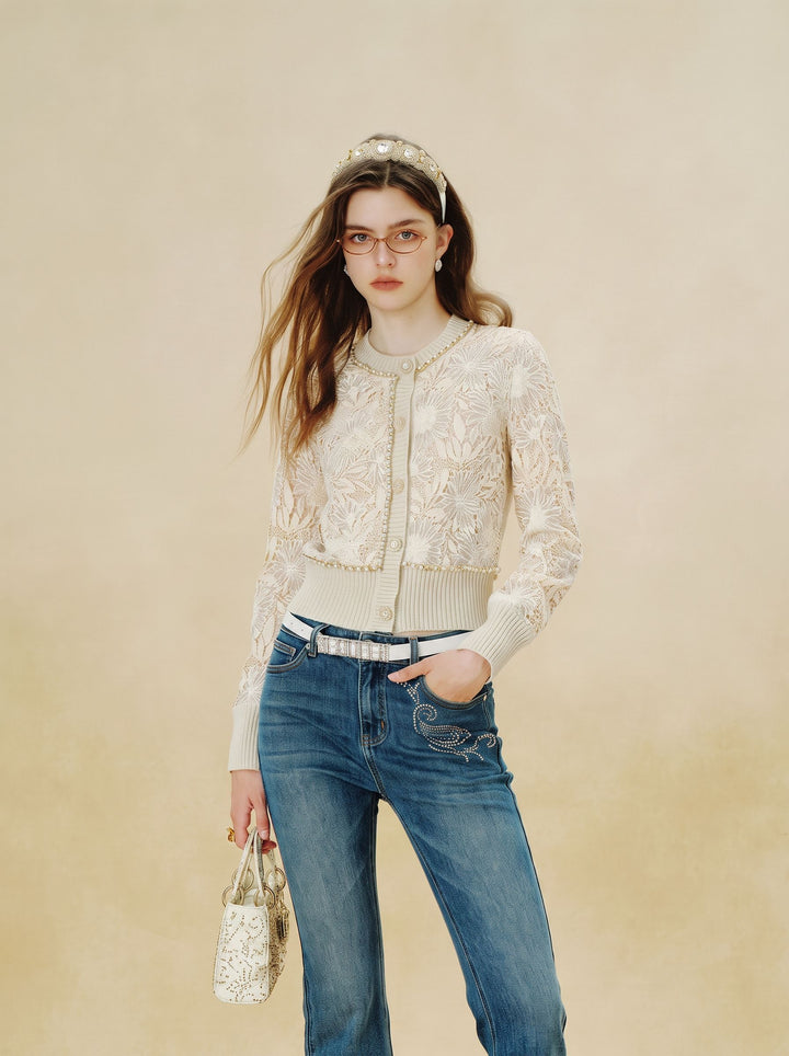 Elegant Floral Lace Knit Cardigan