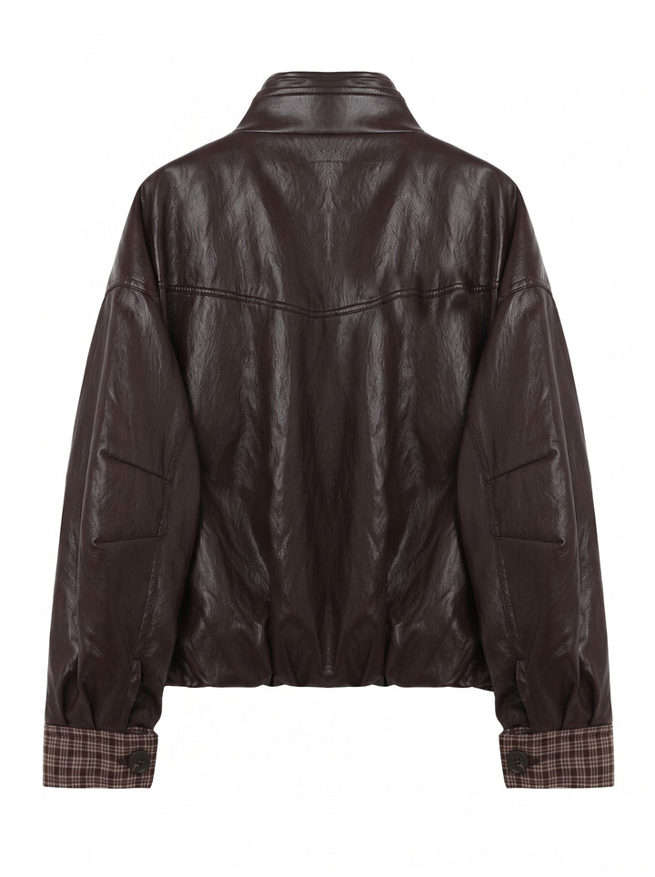 Plaid Trim Oversized Faux Leather Jacket