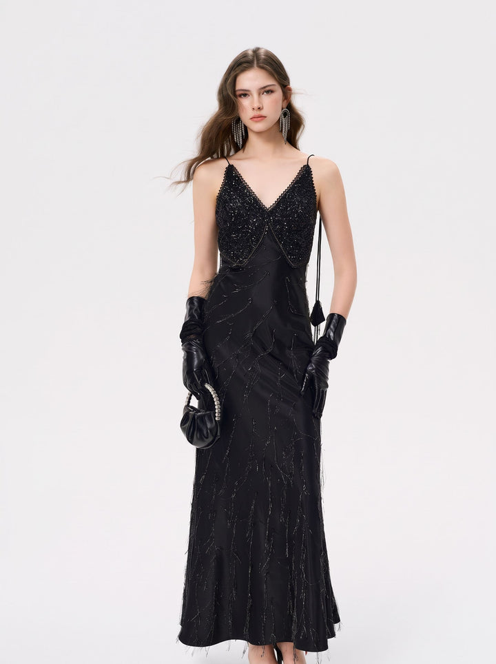 Embellished Satin V Neck Maxi Dress