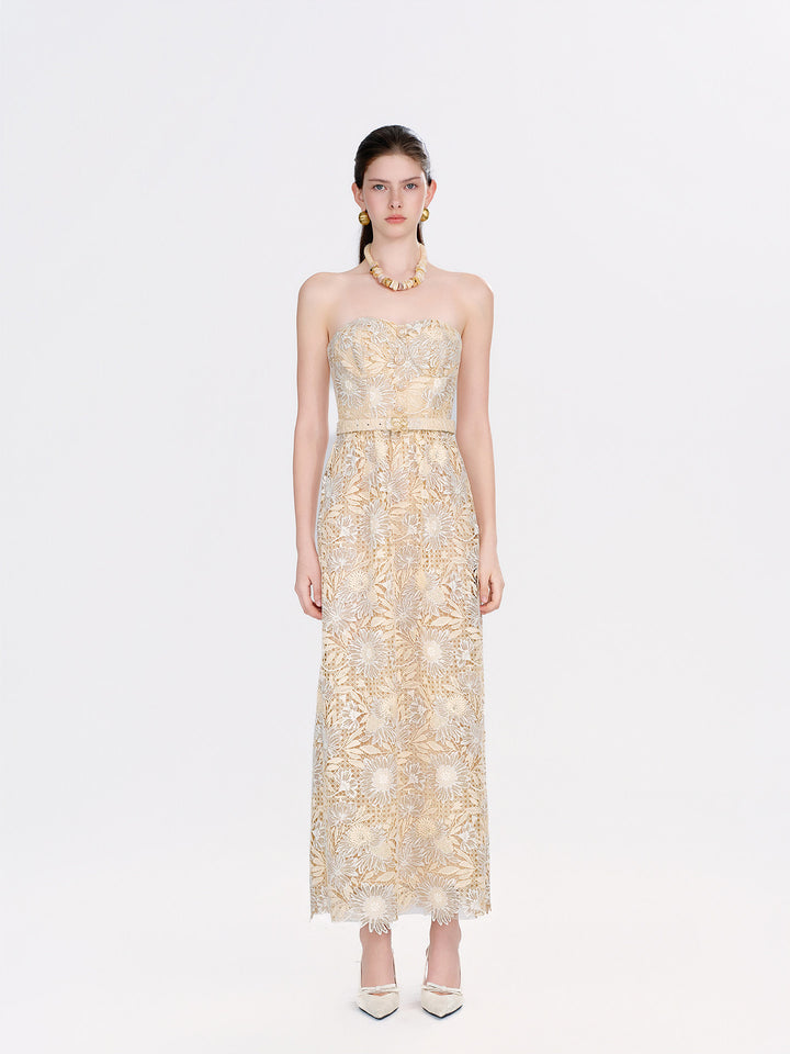 Strapless Floral Lace Belted Maxi Dress