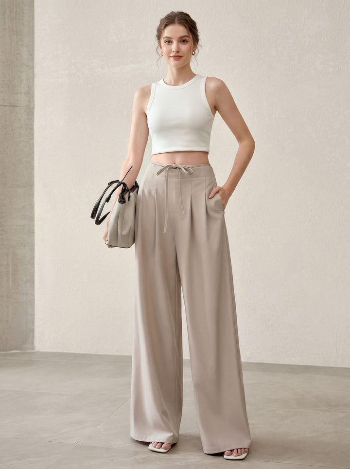 High Waisted Pleated Wide Leg Trousers