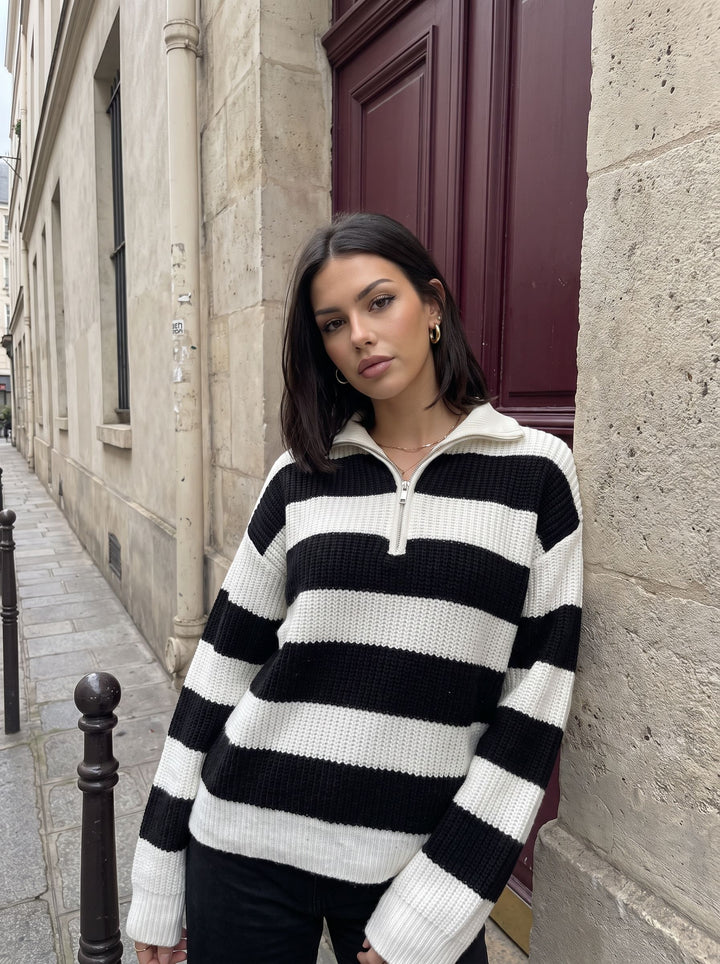Oversized Striped Quarter Zip Sweater