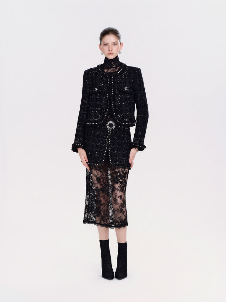 Embellished Tweed Lace Midi Skirt