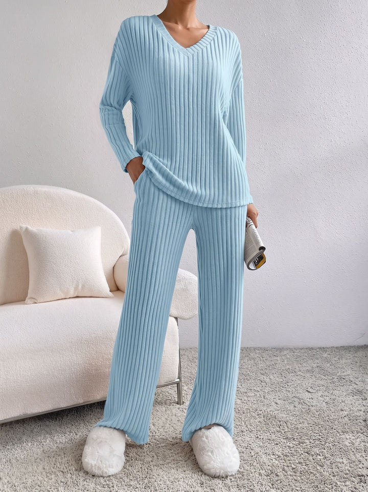 Cozy Ribbed V Neck Lounge Set