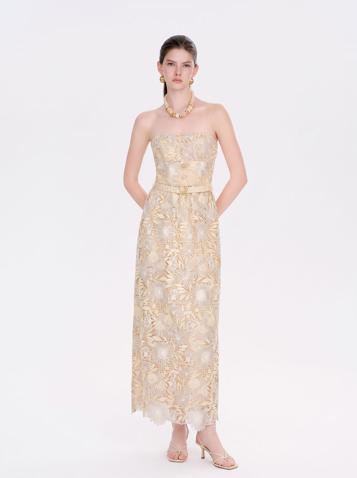 Strapless Floral Lace Belted Maxi Dress