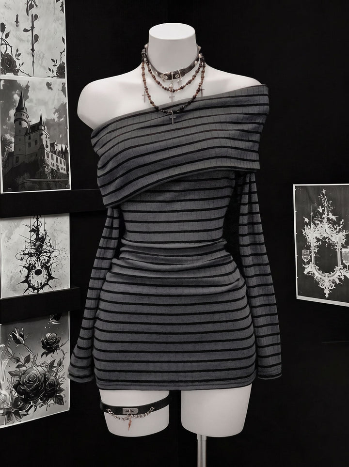 Off Shoulder Striped Ribbed Mini Dress