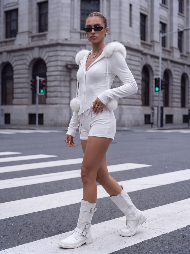 Faux Fur Hooded Romper Playsuit
