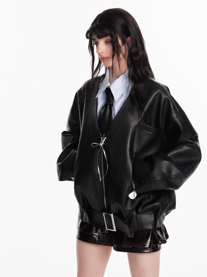 Oversized Faux Leather Belted Jacket