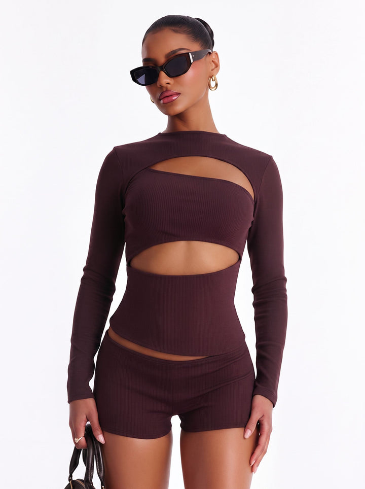 Ribbed Cutout Long Sleeve Short Set