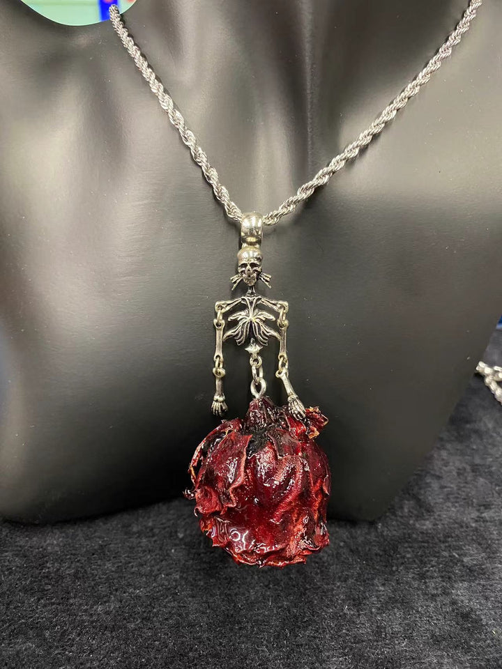 Gothic Skeleton Rose Pendant Necklace