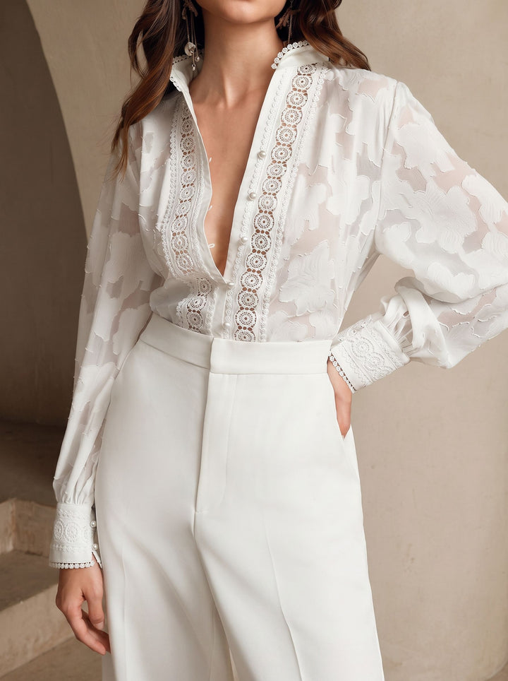 Sheer Floral Embroidered Button Down Shirt