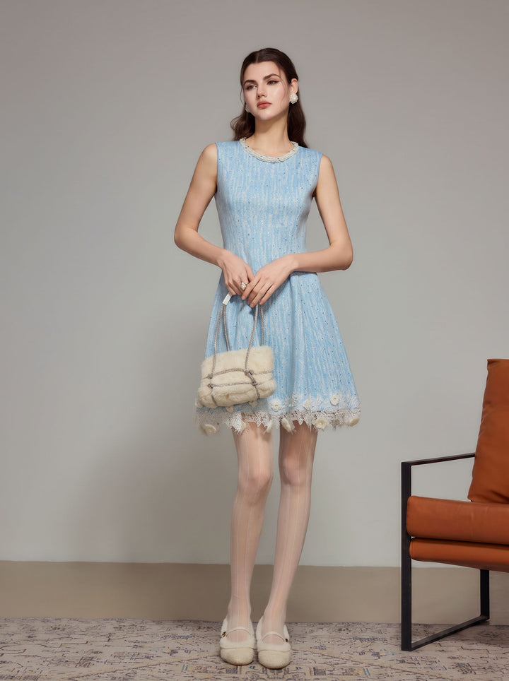 Embellished Tweed Floral Lace Dress
