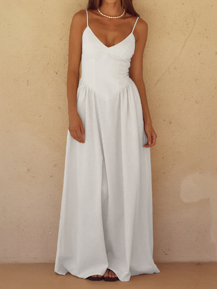 Elegant Linen V Neck Maxi Dress