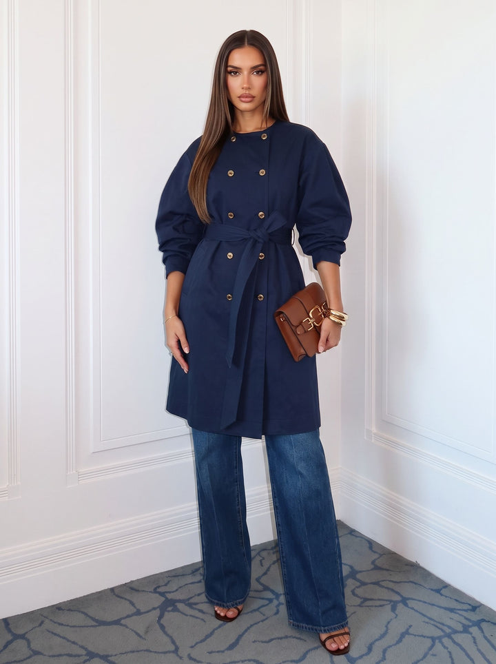 Double Breasted Belted Navy Trench Coat