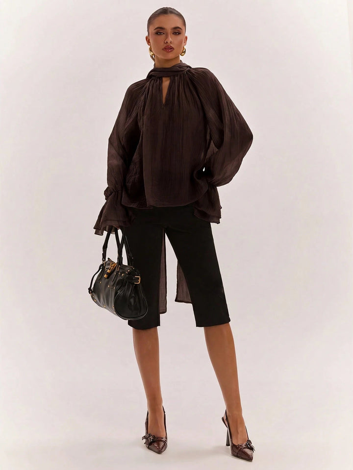 Sheer Ruffle Sleeve Mock Neck Blouse