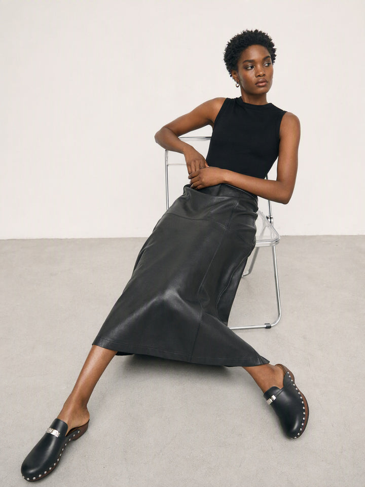 High Waisted Faux Leather Midi Skirt
