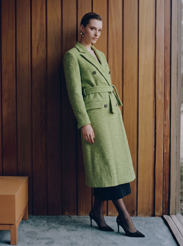 Double Breasted Belted Tweed Coat