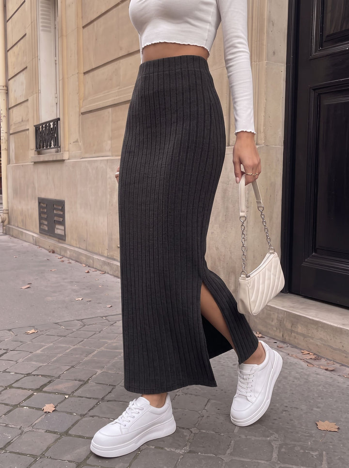 High Waisted Ribbed Slit Midi Skirt