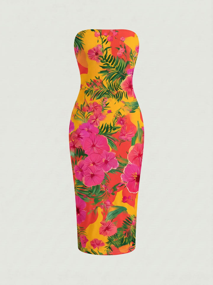 MAIA Tropical Hibiscus Print Strapless Sheath Midi Dress