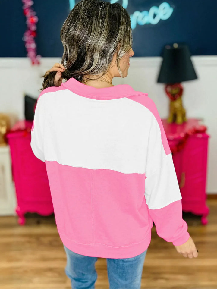 Scalloped Colorblock V Neck Pullover Sweatshirt