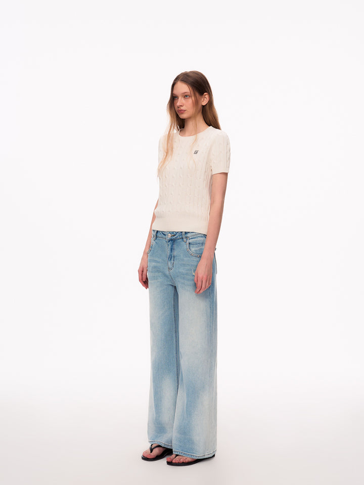 Studded Distressed High Waisted Wide Leg Jeans