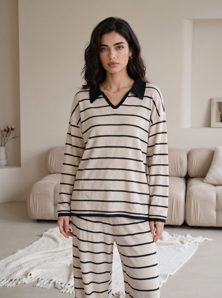 Cozy Striped Collared Loungewear Pajama Set