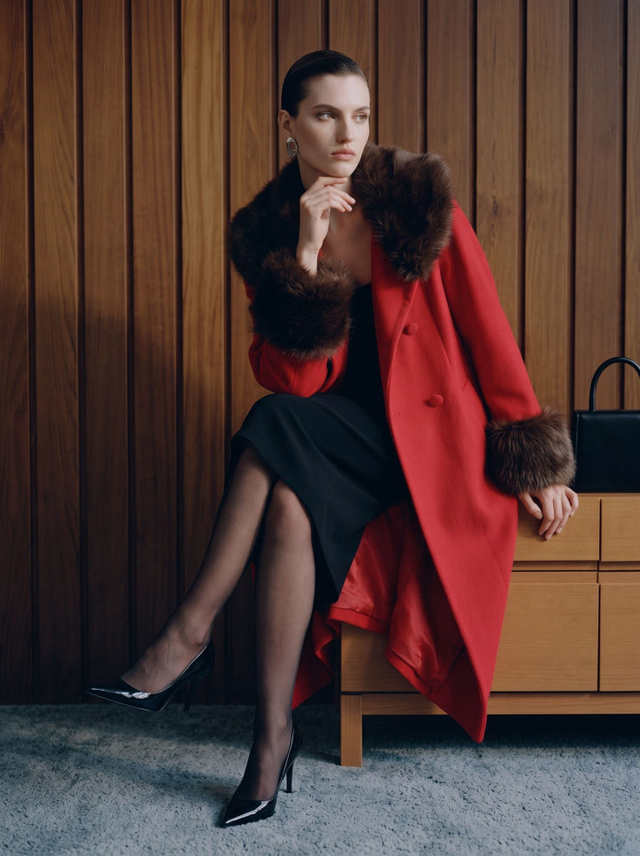 Faux Fur Trim Double Breasted Coat