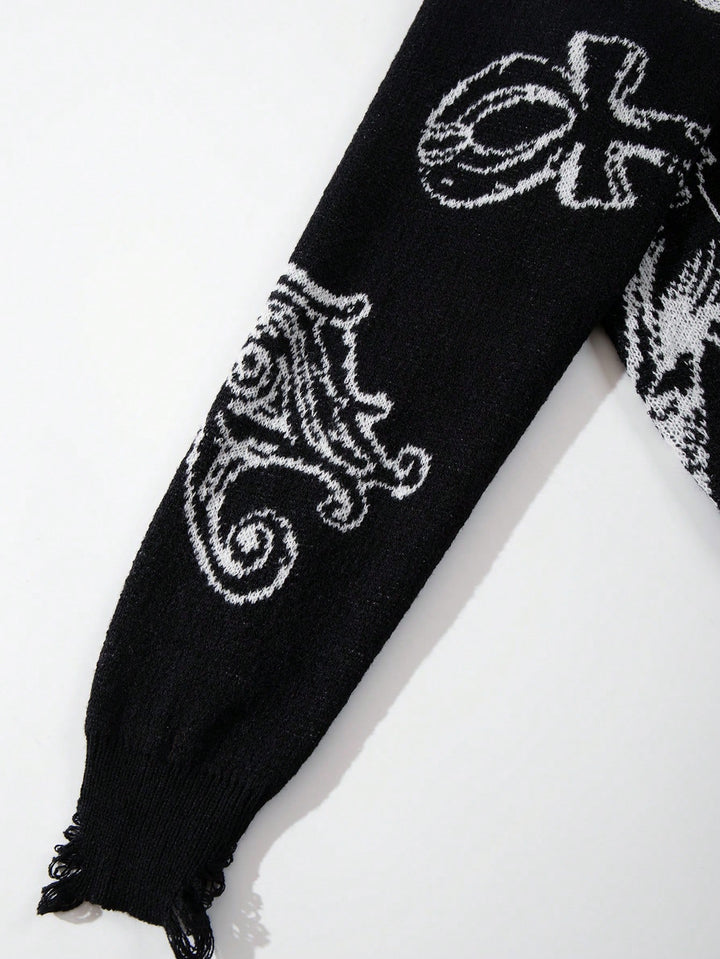 Oversized Graphic Distressed Knit Sweater