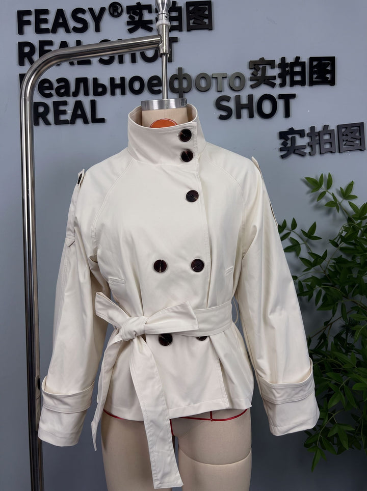 Cropped Belted Stand Collar Trench Coat