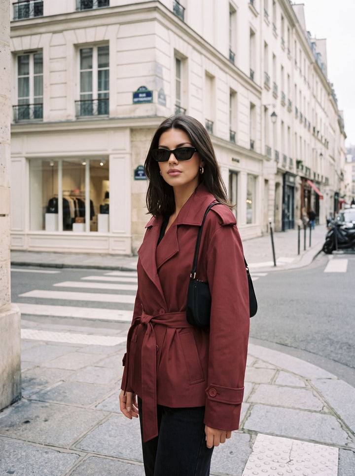 Cropped Belted Double Breasted Trench Coat