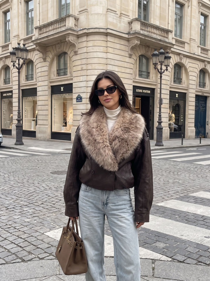Faux Fur Collar Cropped Leather Jacket