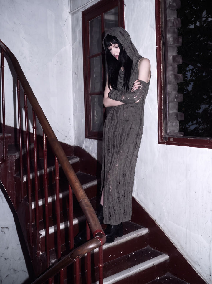 Distressed Hooded Slit Maxi Dress