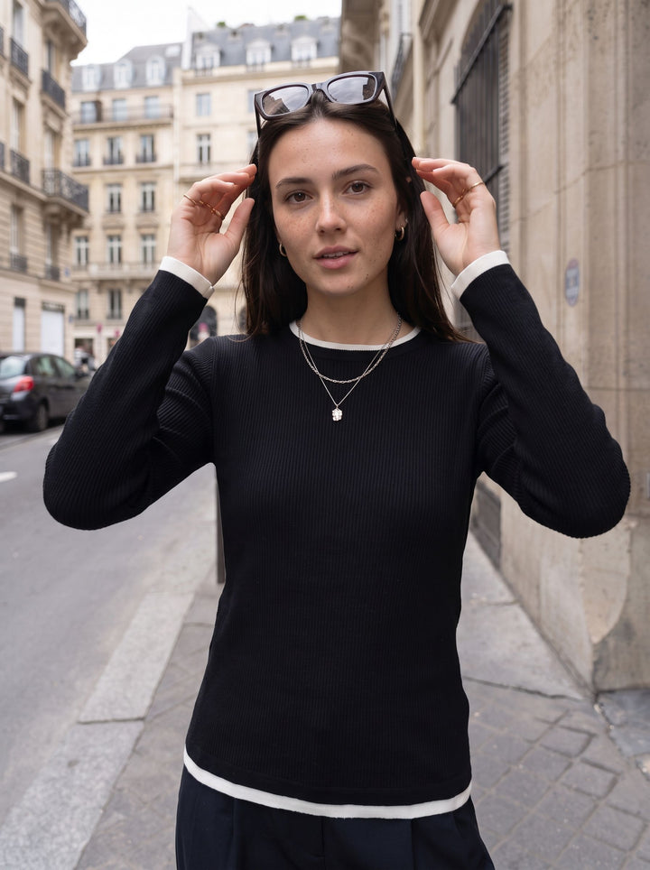 Contrast Trim Ribbed Knit Pullover