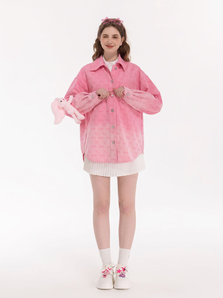 Cute Pink Heart Print Button Shirt