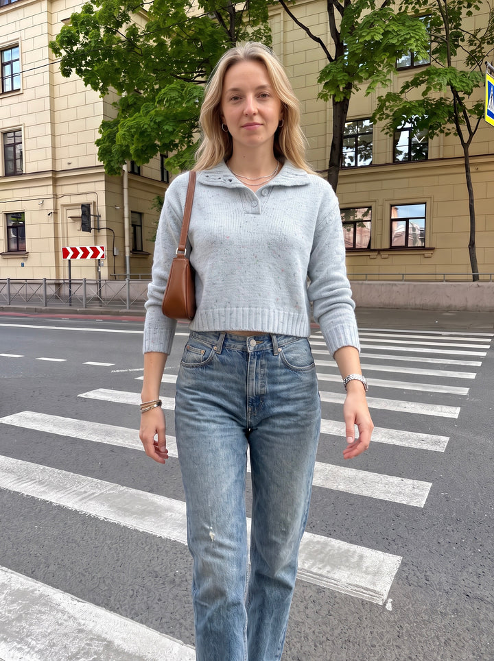 Cozy Speckled Collar Crop Sweater