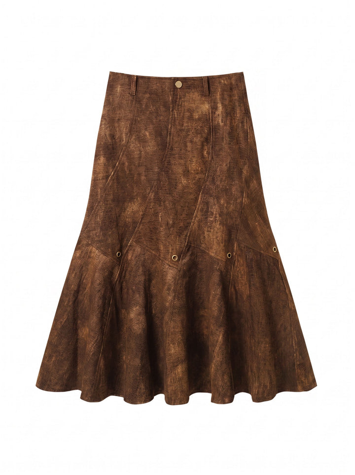 Vintage Distressed Faux Suede Midi Skirt