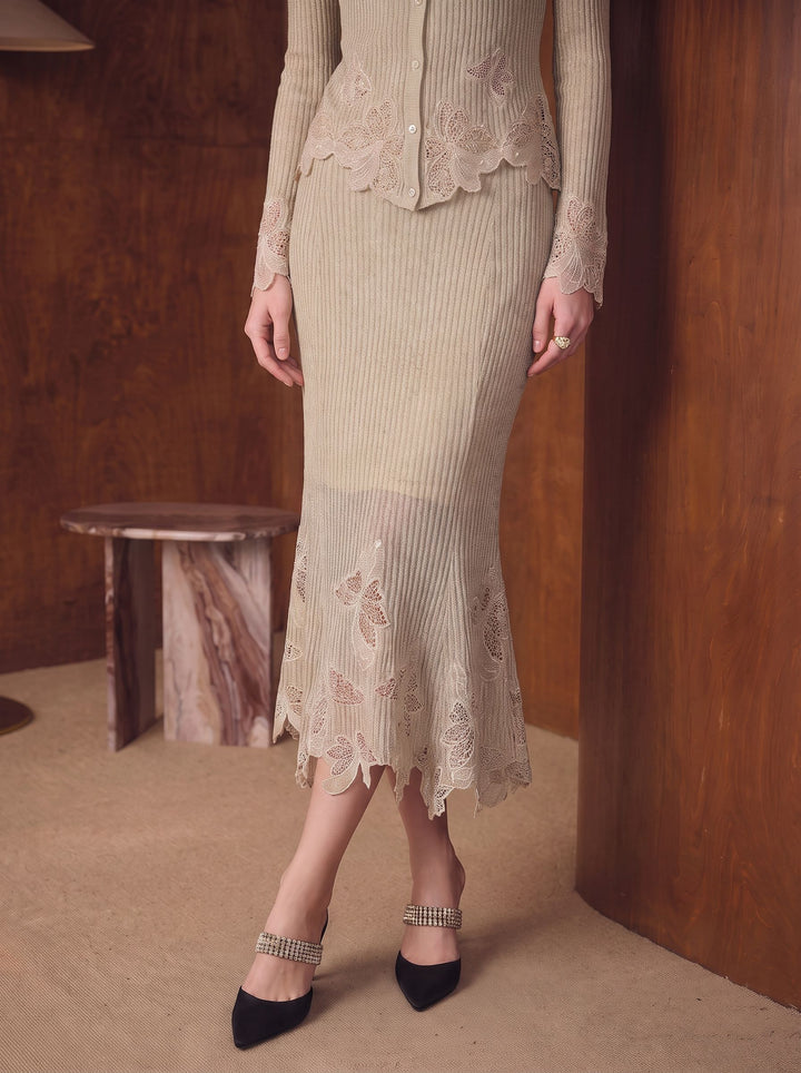 Shimmer Lace Trim Knit Midi Skirt