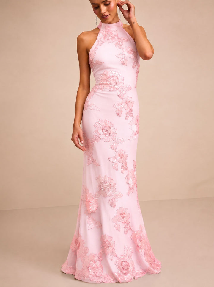 Floral Embroidered Halter Evening Dress
